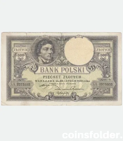 1919 Poland 500 Zlotych banknote featuring Tadeus Kosciuszko and the Polish coat of arms in purple and green hues.