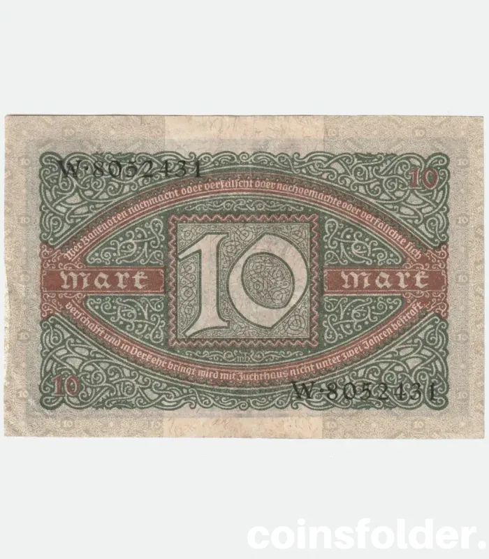 1920 Germany 10 Mark banknote with green, brown, and black intricate designs, olive underprint, and Reichsbank seals.