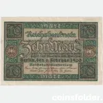 1920 Germany 10 Mark banknote with green, brown, and black intricate designs, olive underprint, and Reichsbank seals.