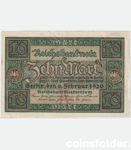 1920 Germany 10 Mark banknote with green, brown, and black intricate designs, olive underprint, and Reichsbank seals.