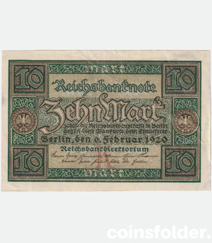 1920 Germany 10 Mark banknote with green, brown, and black intricate designs, olive underprint, and Reichsbank seals.