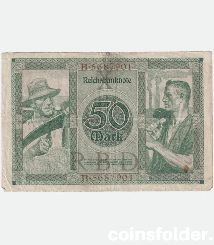 1920 Germany 50 Mark banknote featuring a woman with flowers and fruits on the obverse, and a farmer and worker on the reverse.