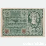 1920 Germany 50 Mark banknote featuring a woman with flowers and fruits on the obverse, and a farmer and worker on the reverse.