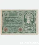 1920 Germany 50 Mark banknote featuring a woman with flowers and fruits on the obverse, and a farmer and worker on the reverse.