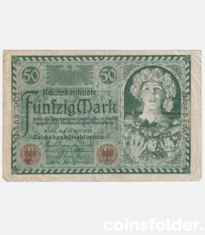 1920 Germany 50 Mark banknote featuring a woman with flowers and fruits on the obverse, and a farmer and worker on the reverse.