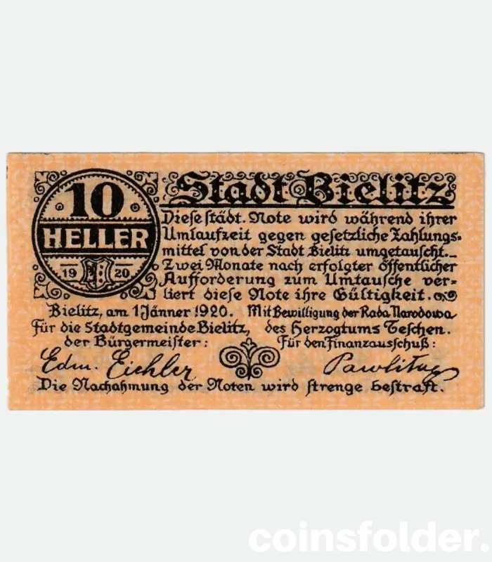 1920 Poland Bielsko 10 Halerzy Notgeld, UNC