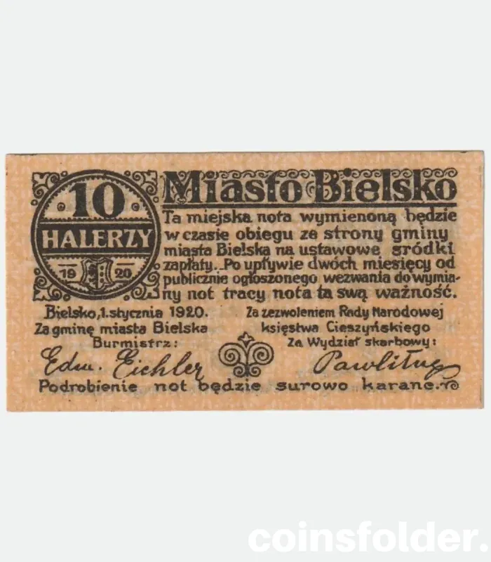 1920 Poland Bielsko 10 Halerzy Notgeld, UNC