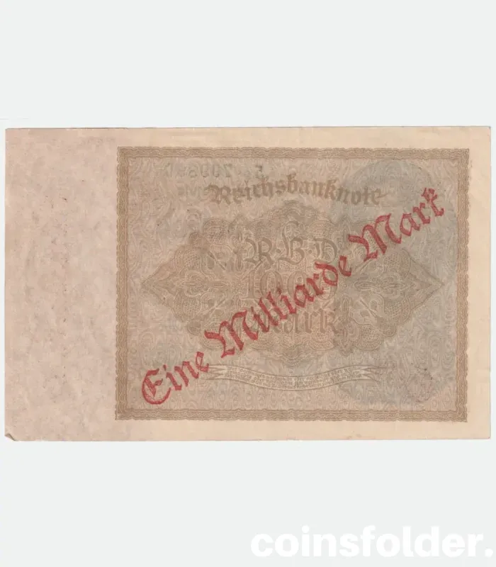 1923 Germany 1,000,000,000 Marks overprint on 1922 1,000 Mark banknote with red diagonal overprint and Reichsadler crest.