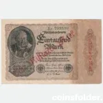 1923 Germany 1,000,000,000 Marks overprint on 1922 1,000 Mark banknote with red diagonal overprint and Reichsadler crest.