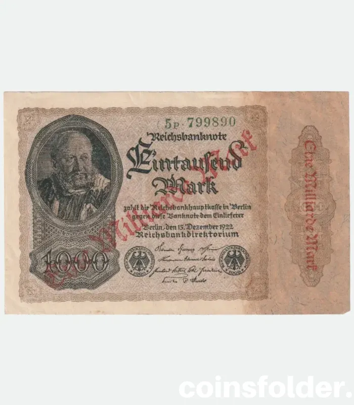 1923 Germany 1,000,000,000 Marks overprint on 1922 1,000 Mark banknote with red diagonal overprint and Reichsadler crest.