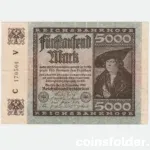 1922 Germany 5000 Mark banknote featuring Albrecht Dürer's design and Reichsadler crest.