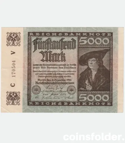 1922 Germany 5000 Mark banknote featuring Albrecht Dürer's design and Reichsadler crest.