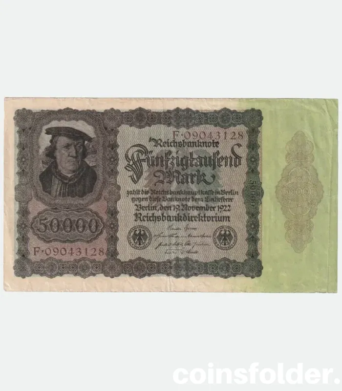 1922 Germany 50,000 Mark Reichsbanknote, VF condition, featuring Burgermaster Brauweiler portrait.