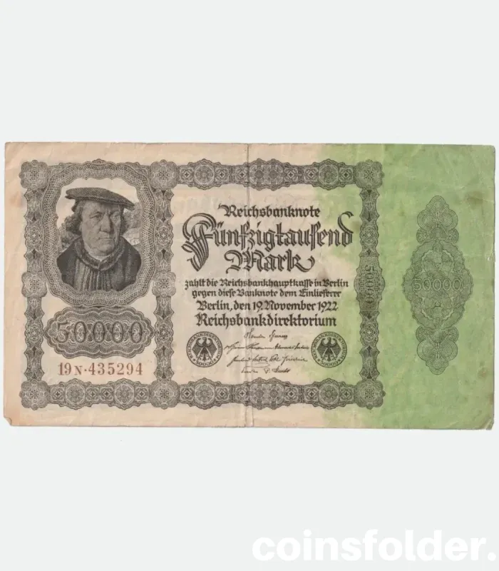 1922 Germany 50,000 Mark Reichsbanknote with portrait of Burgermaster Brauweiler.