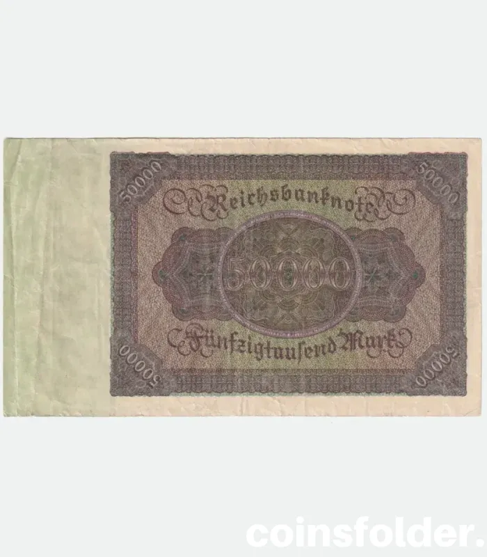 1922 Germany 50,000 Mark Reichsbanknote, VF condition, featuring Burgermaster Brauweiler portrait.