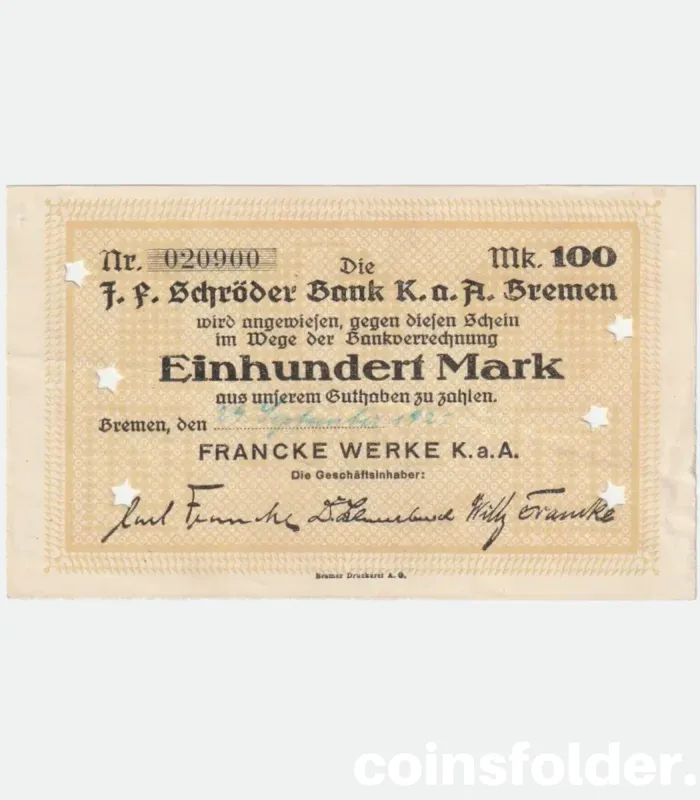 1922 Bremen 100 Mark Notgeld from Francke Werke with intricate designs and bold denomination.