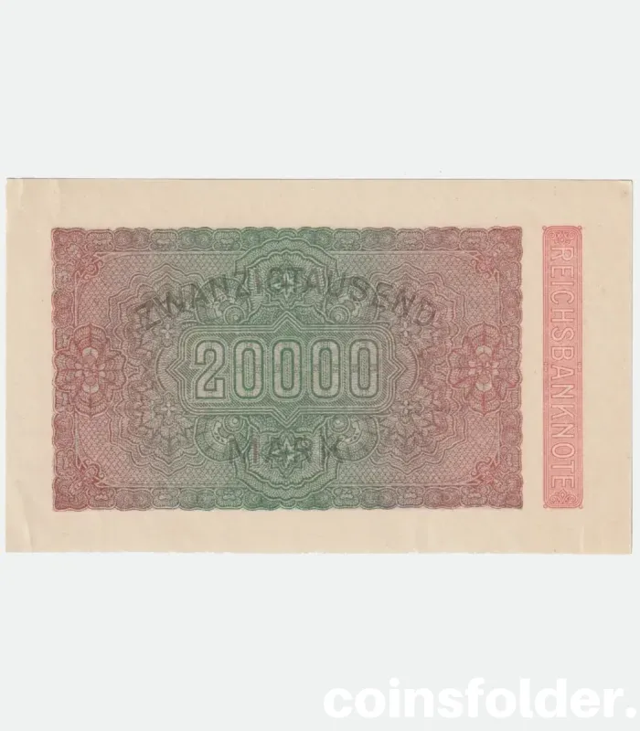 1923 Germany 20,000 Mark banknote, WM lattice watermark, UNC condition.