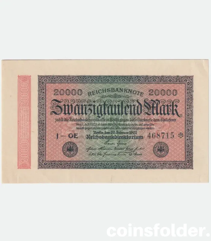 1923 Germany 20,000 Mark banknote, WM lattice watermark, UNC condition.