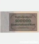 1923 Germany 500,000 Mark banknote, UNC condition, black and green design.