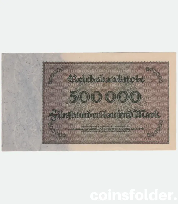 1923 Germany 500,000 Mark banknote, UNC condition, black and green design.