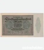 1923 Germany 500,000 Mark banknote, UNC condition, black and green design.