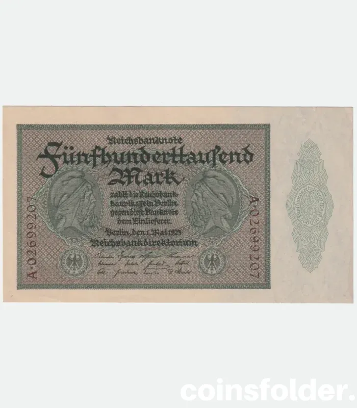 1923 Germany 500,000 Mark banknote, UNC condition, black and green design.