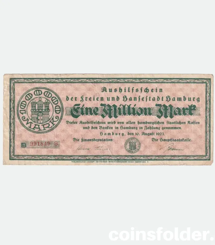 1923 Hamburg 1 Million Mark Notgeld, showcasing bold designs from Germany's hyperinflation period.