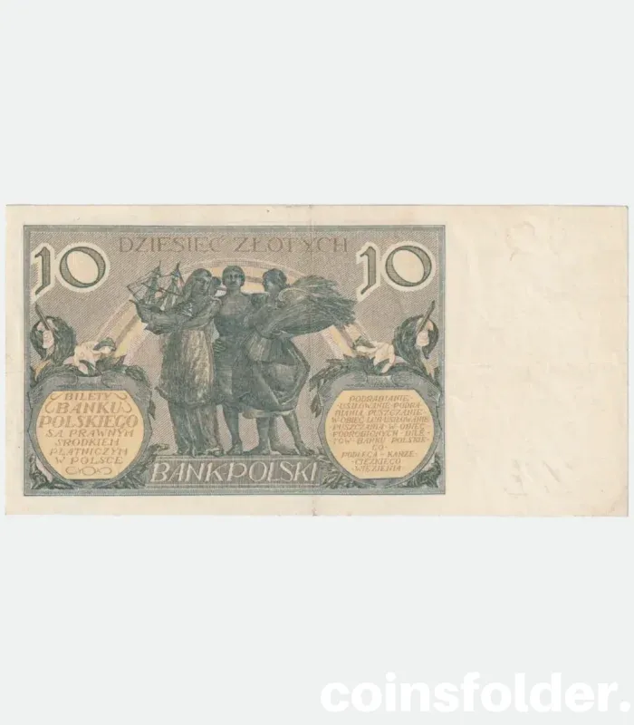 1929 Poland 10 Zlotych banknote featuring national symbols and intricate designs, in XF condition.