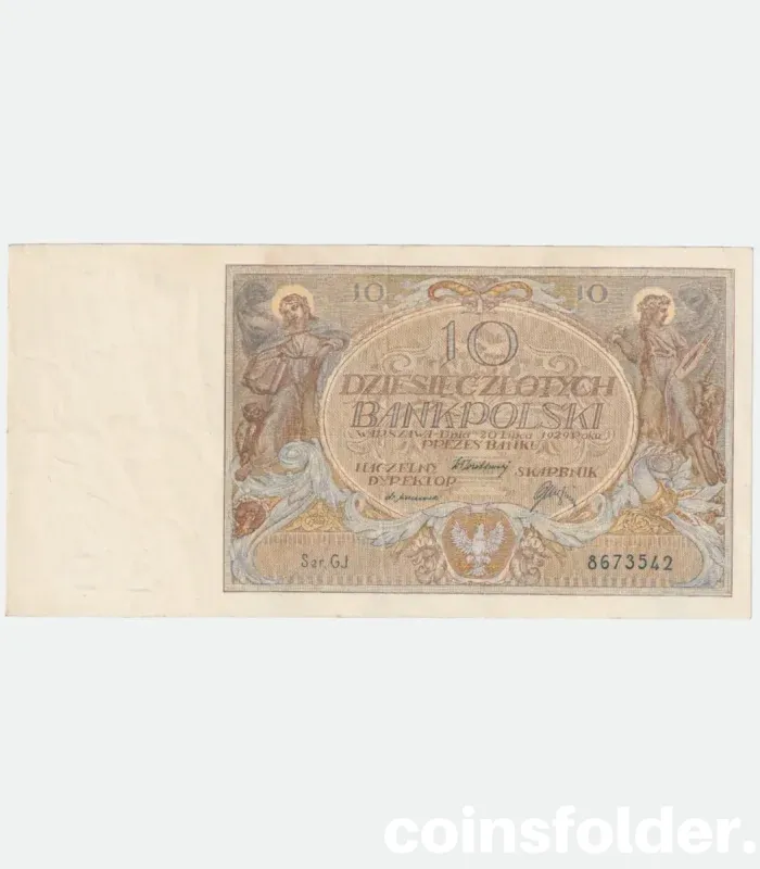 1929 Poland 10 Zlotych banknote featuring national symbols and intricate designs, in XF condition.