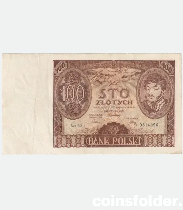 1934 Poland 100 Zlotych banknote showing intricate portrait and ornamental design.