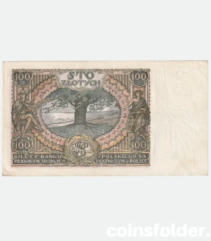 1934 Poland 100 Zlotych banknote showing intricate portrait and ornamental design.