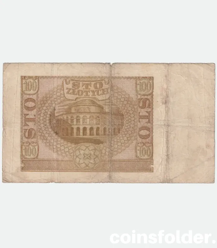 1940 Poland 100 Zlotych banknote with Stanisław Drewno engraving and Polish Bank building.