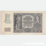 1940 Poland 20 Zlotych banknote, featuring Emilie Plater, Wawel Castle, and allegorical figures from WWII German occupation.