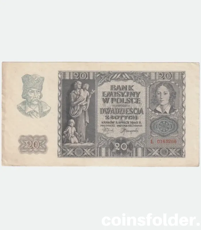 1940 Poland 20 Zlotych banknote, featuring Emilie Plater, Wawel Castle, and allegorical figures from WWII German occupation.