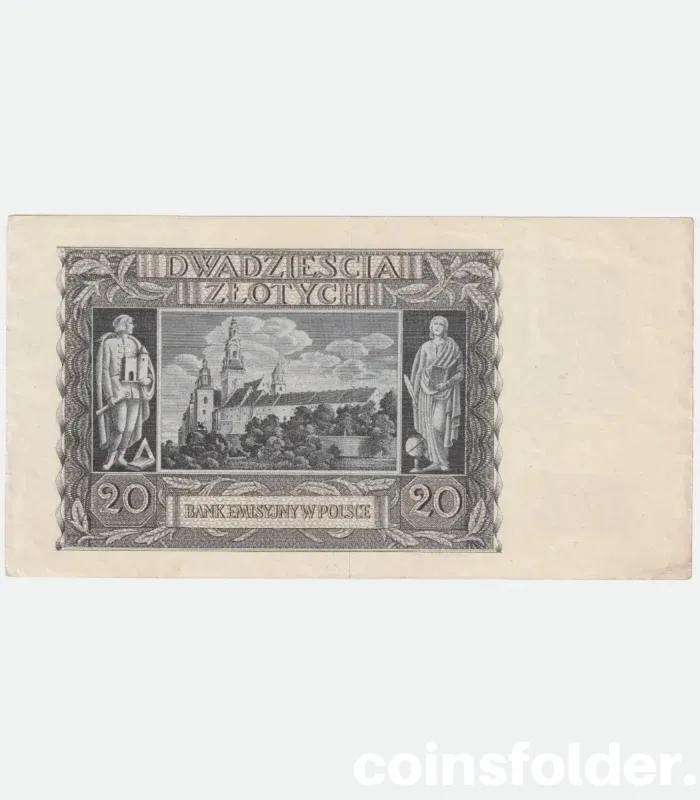 1940 Poland 20 Zlotych banknote, featuring Emilie Plater, Wawel Castle, and allegorical figures from WWII German occupation.