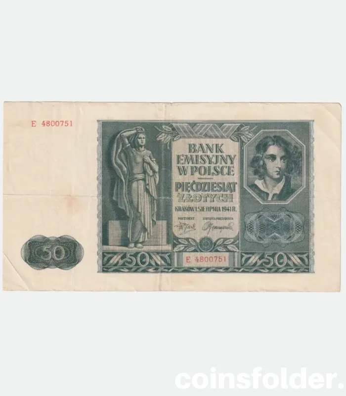 1941 Poland 50 Zlotych banknote featuring Emília Plater and Kraków Cloth Hall from WWII German occupation.