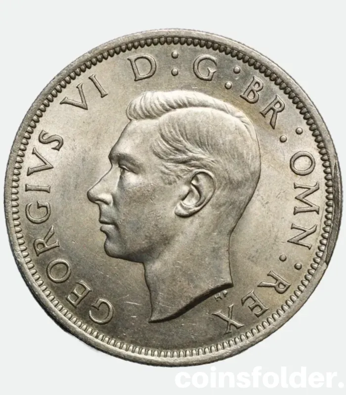 1948 United Kingdom Half Crown coin with major die break error ("Cud"), UNC condition.