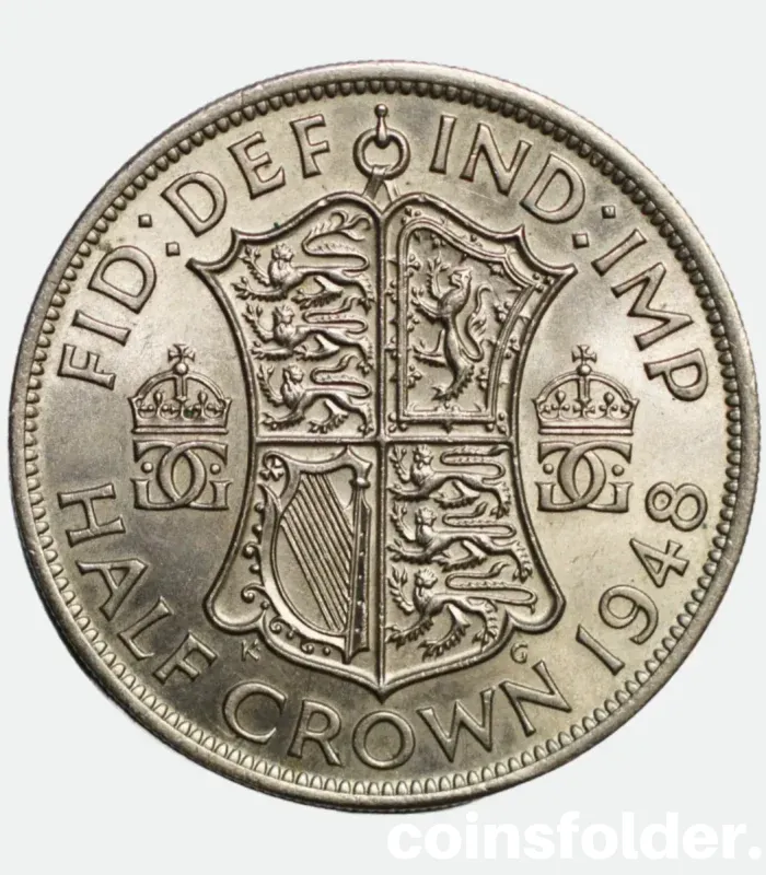 1948 United Kingdom Half Crown coin with major die break error ("Cud"), UNC condition.