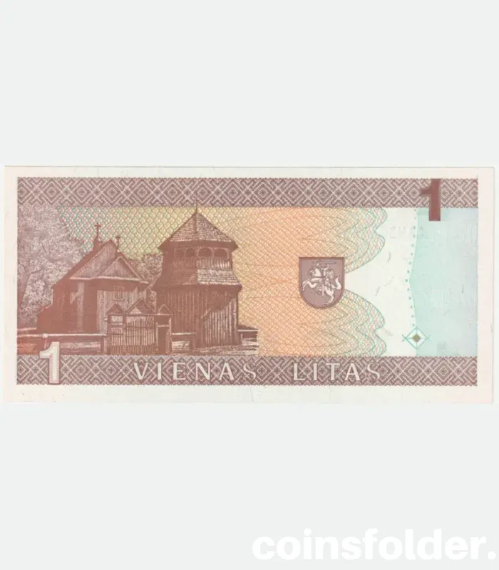 1993 Lithuania 1 Litas UNC banknote, featuring a portrait of Julija Beniuševičiūtė-Žymantienė and the Church of Saint Juozapas.