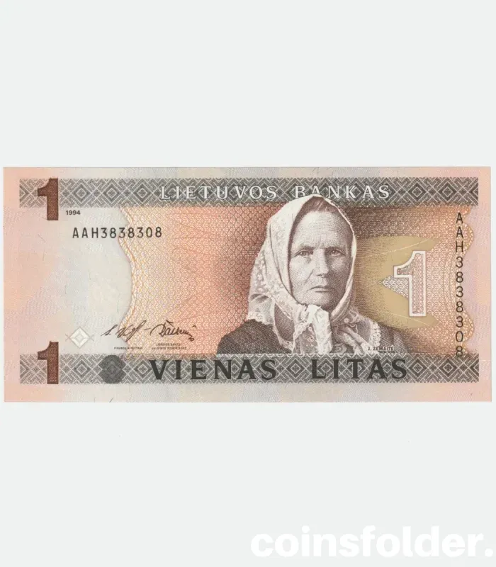 1993 Lithuania 1 Litas UNC banknote, featuring a portrait of Julija Beniuševičiūtė-Žymantienė and the Church of Saint Juozapas.