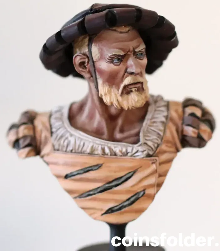 Hand-painted bronze bust of a Renaissance Landsknecht mercenary