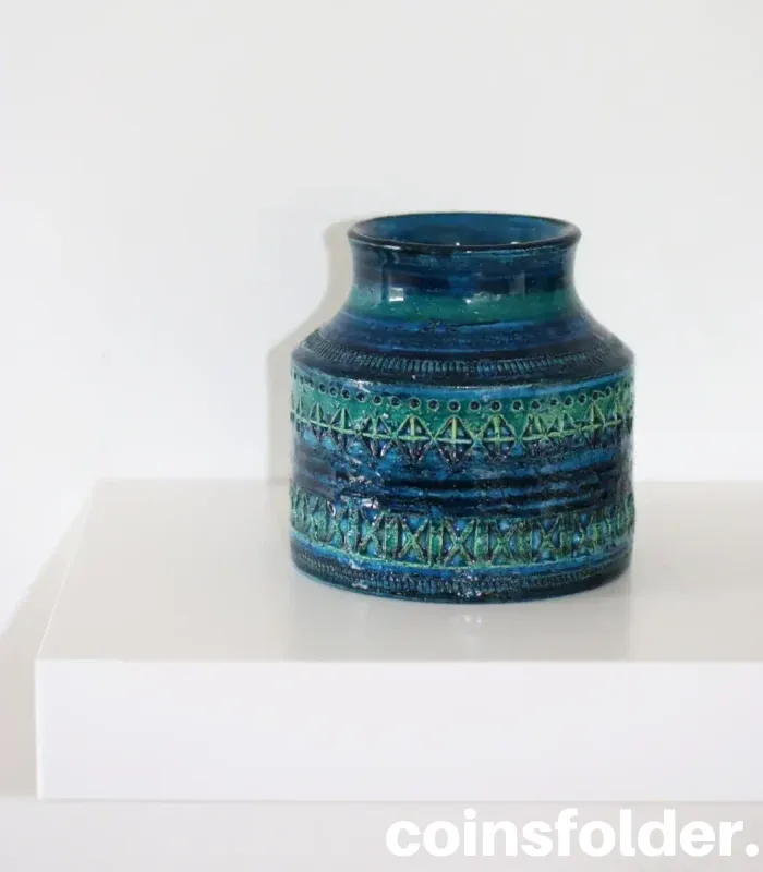 Vintage Aldo Londi Bitossi Italian ceramic low vase with geometric design