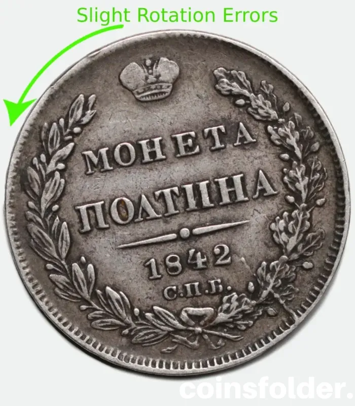 1842 Russian СПБ-АЧ Silver Poltina with 10° slight rotation error, showcasing Imperial Russian coin craftsmanship.