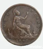 1860 United Kingdom 1 Penny coin featuring Queen Victoria, graded VF, with Britannia seated on the reverse.