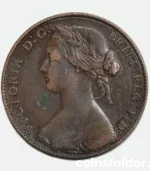 1860 United Kingdom 1 Penny coin featuring Queen Victoria, graded VF, with Britannia seated on the reverse.