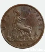 1888 United Kingdom 1 Penny coin featuring Queen Victoria’s portrait, graded VF with Britannia seated on the reverse.