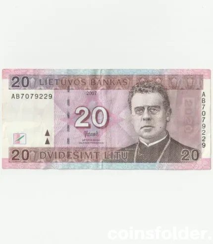 2007 Lithuania 20 Litu banknote, Series AB, with Jonas Maironis