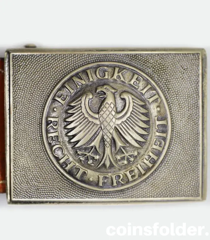 Vintage West German Bundeswehr leather belt with eagle emblem buckle, marked 3/83.