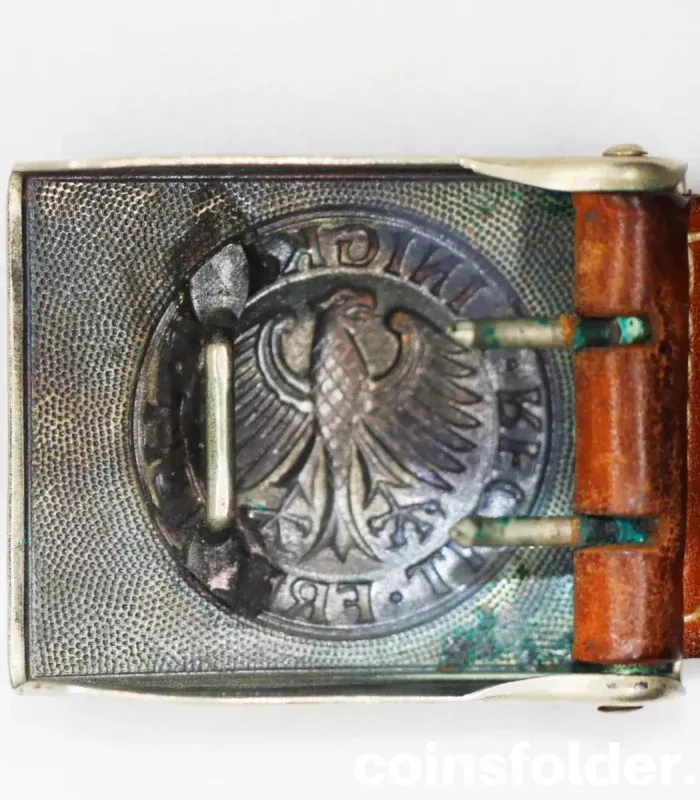 Vintage West German Bundeswehr leather belt with eagle emblem buckle, marked 3/83.