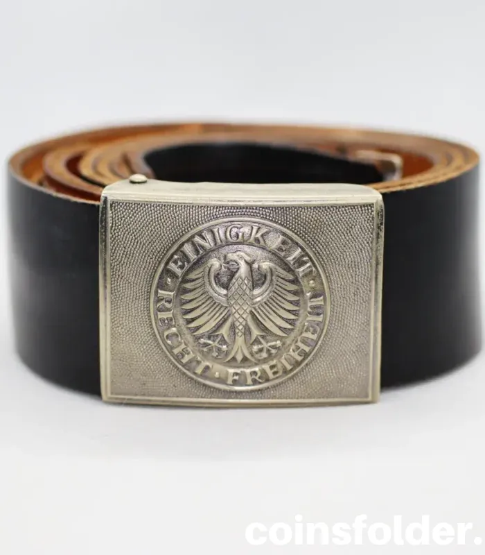 Vintage West German Bundeswehr leather belt with eagle emblem buckle, marked 3/83.